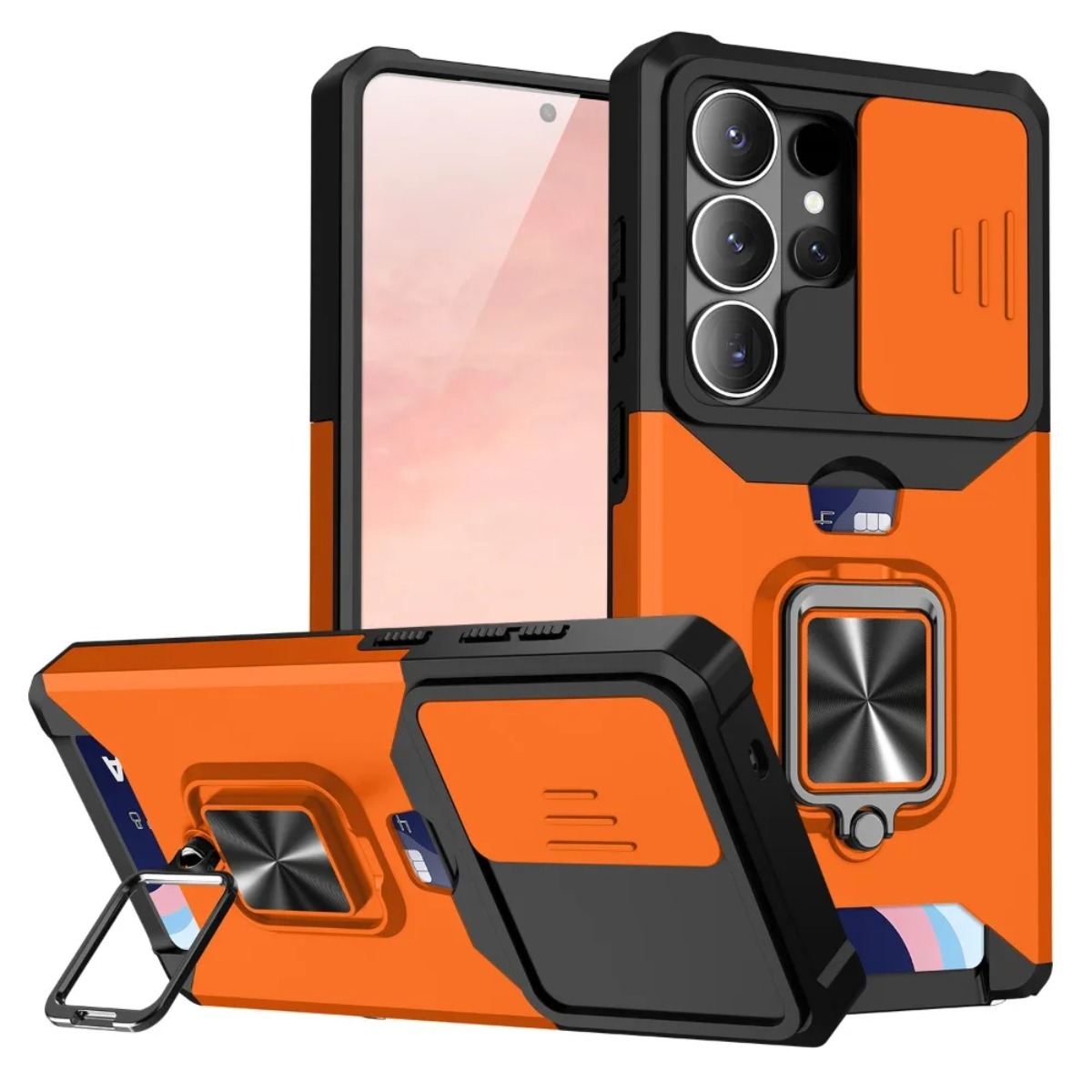Phone Accessories Popsocket - Kartenfach-Ringhalter-Handyhülle mit Schiebe-Kameraabdeckung für Samsung Galaxy